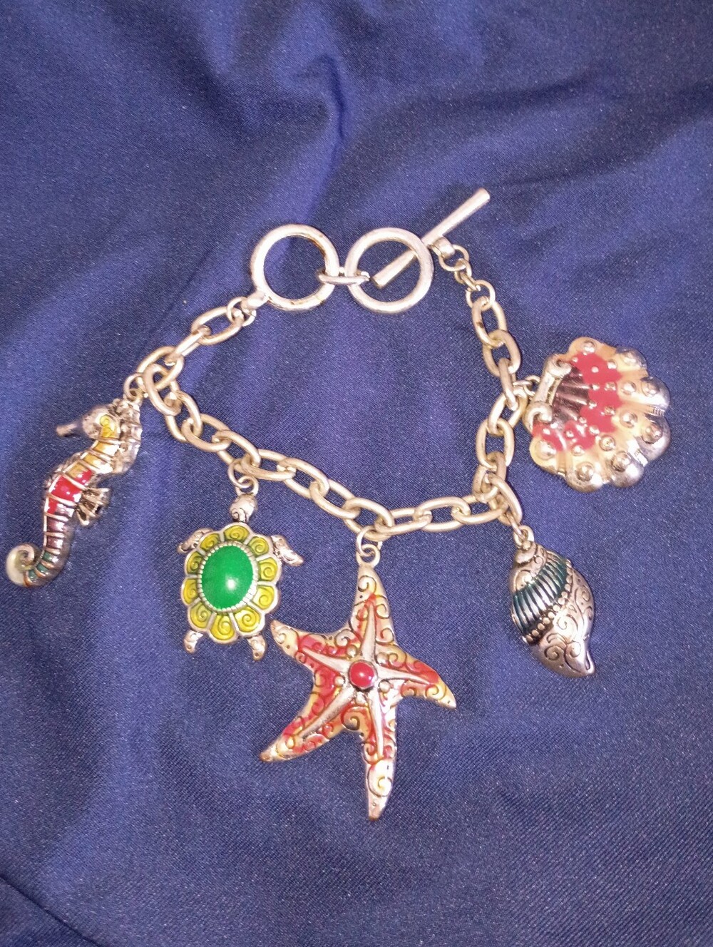 Silver-Tone Seashell & Marine Charm Bracelet with Red & Green Accents